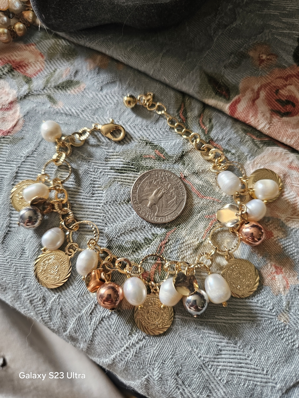 Gold Tone , Pearl Charm Bracelet with Mixed Metal Accents